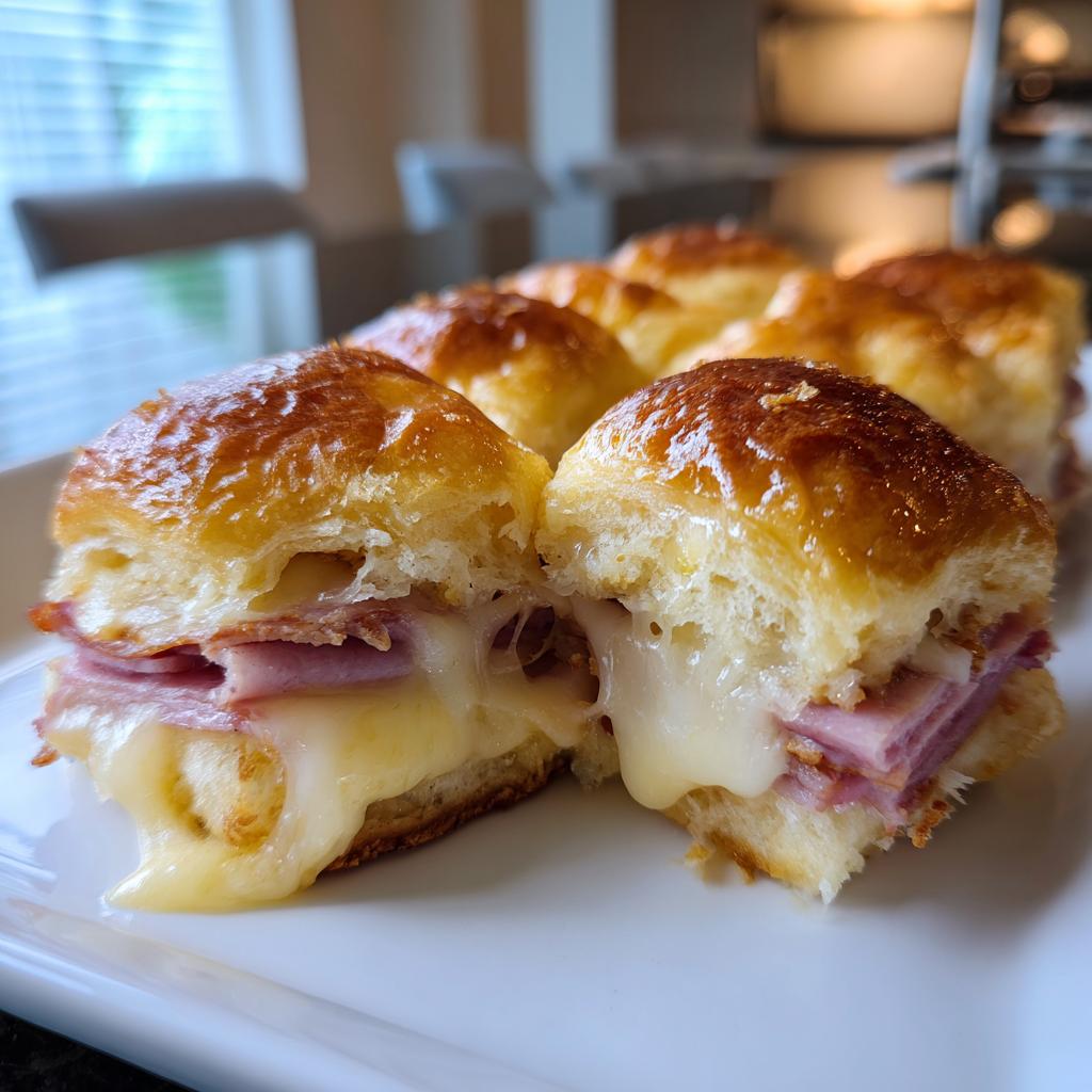Melty ham and cheese breakfast slider sandwiches with golden brown tops on a white plate.
