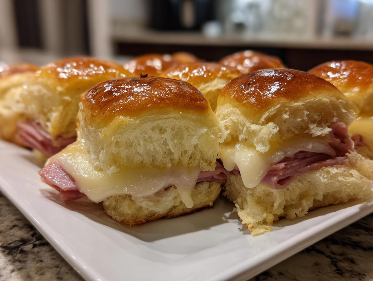 Close-up of ham and cheese breakfast slider sandwiches with melted cheese on a white plate.