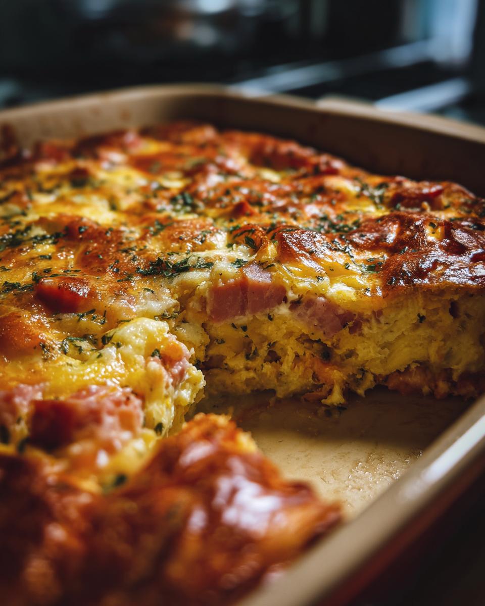 Close-up of a sliced ham cheese egg bake with golden cheese crust and herbs in a baking dish.