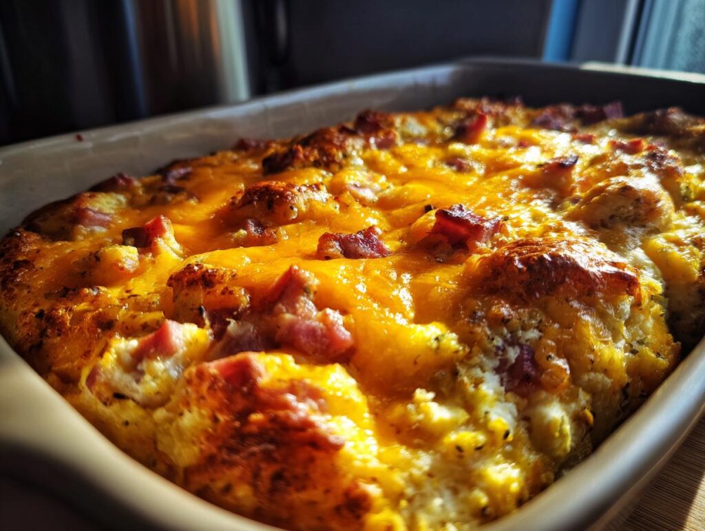 Close-up of a ham cheese egg bake with melted cheddar and chunks of ham in a ceramic dish