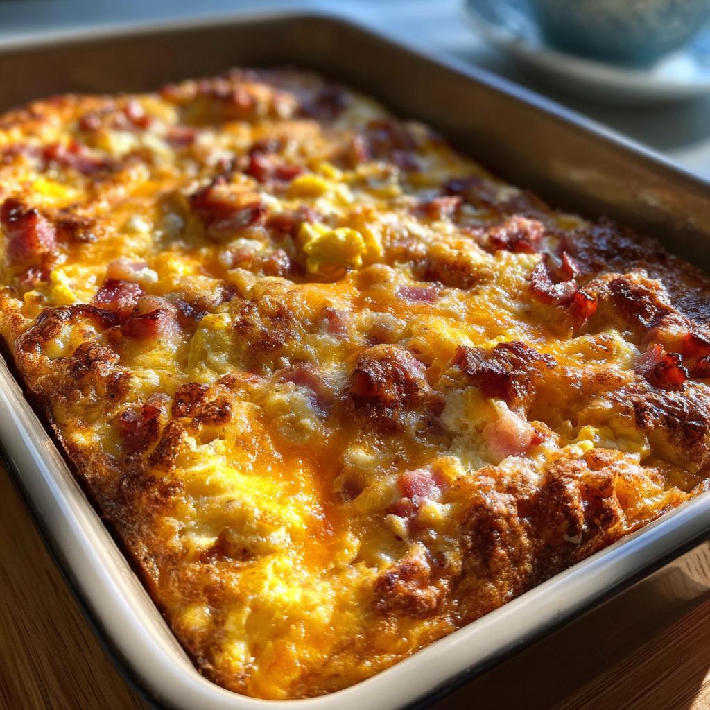 Freshly baked ham cheese egg bake with golden bubbly cheese and ham chunks.