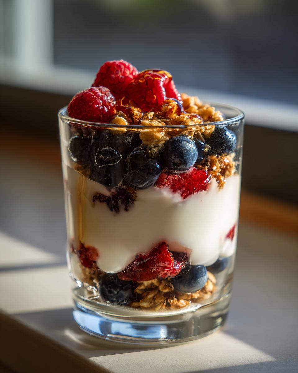 Glass cup with healthy greek yogurt parfait breakfast layered with raspberries, blueberries, granola, and honey drizzle