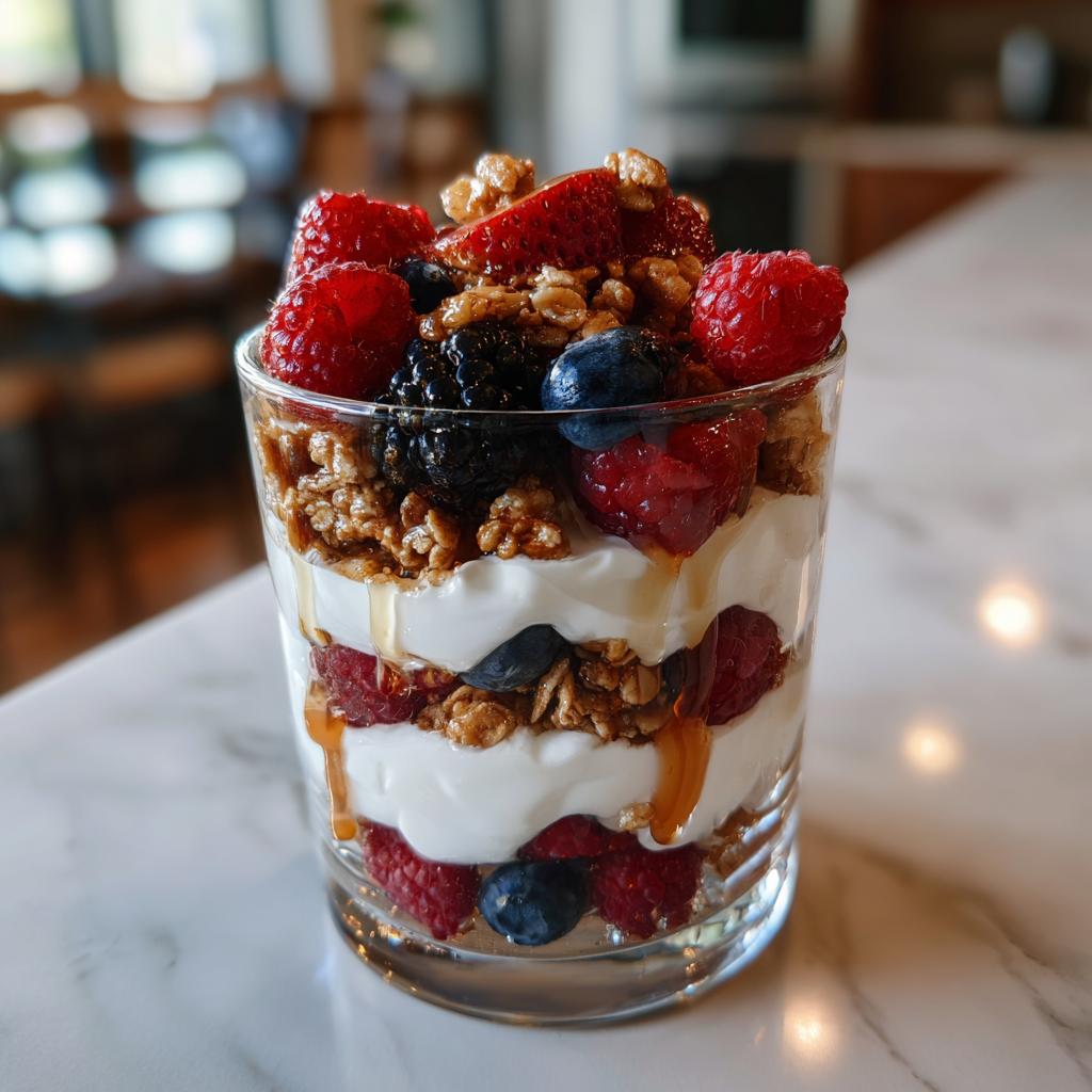 Glass filled with healthy greek yogurt parfait breakfast layered with fresh berries, granola, and honey drizzle.