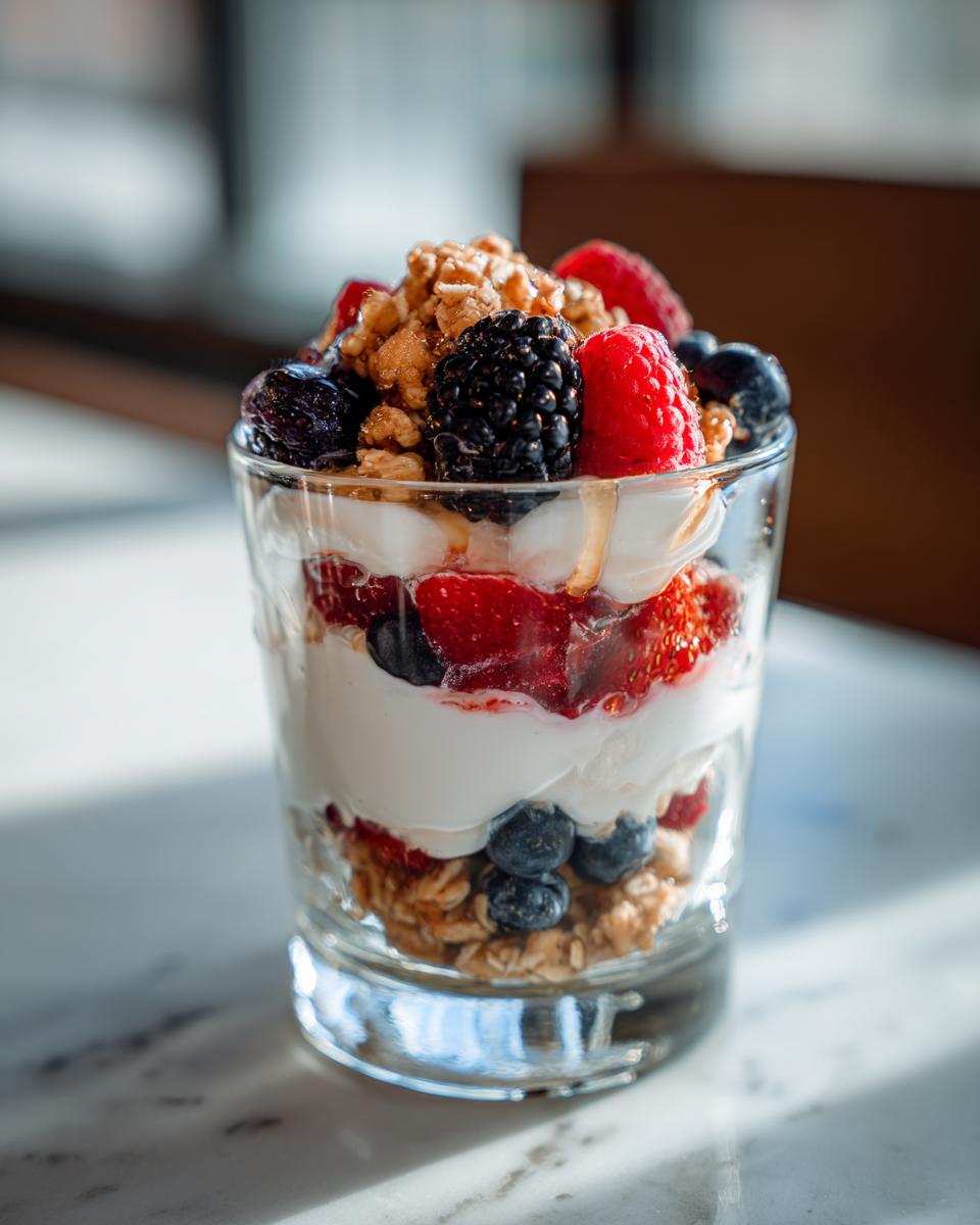 Glass of healthy greek yogurt parfait breakfast layered with fresh berries and granola
