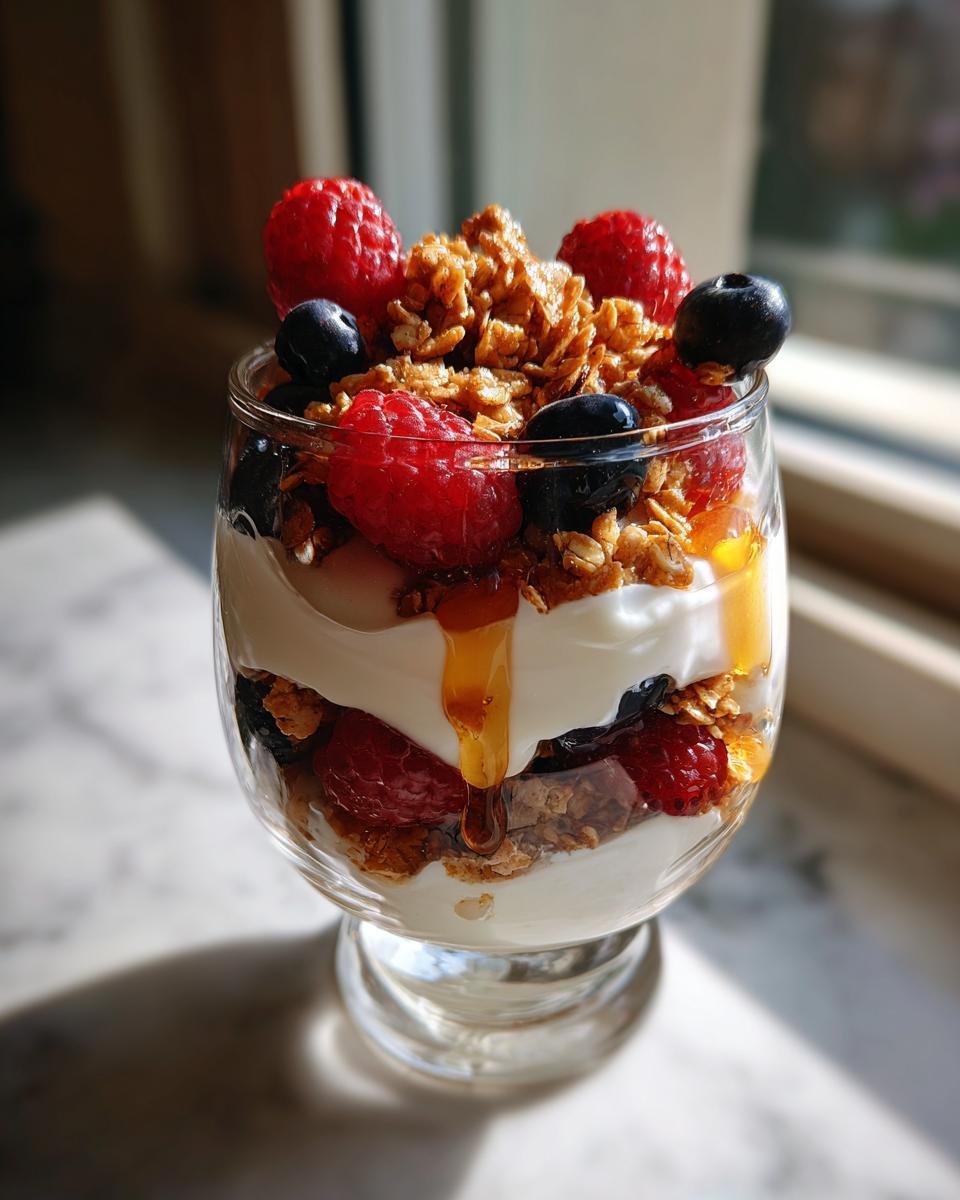 Glass parfait with layers of healthy greek yogurt parfait breakfast, granola, raspberries, blueberries, and honey drizzle