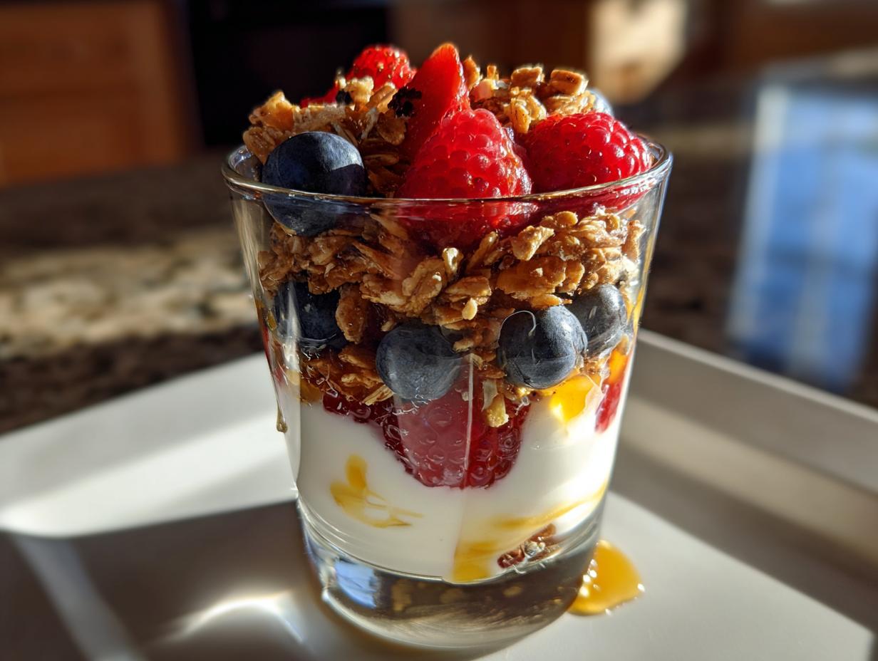 Close-up of a healthy greek yogurt parfait breakfast with granola, blueberries, raspberries, and honey in a glass.