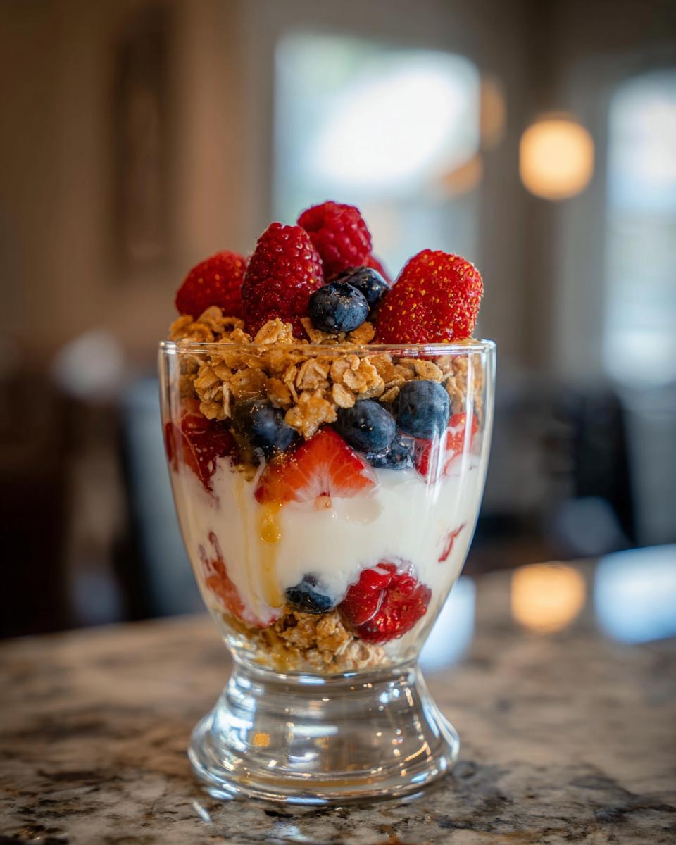 Glass filled with healthy greek yogurt parfait breakfast with granola and fresh berries