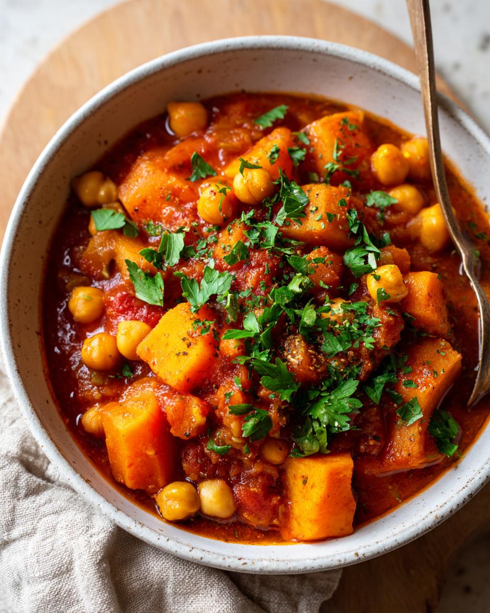 A bowl of butternut chickpea stew garnished with fresh herbs and served with a spoon.