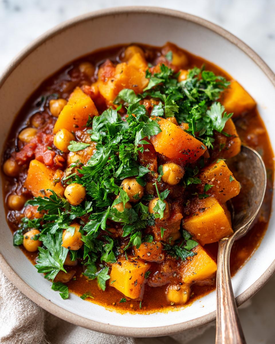 Bowl of butternut chickpea stew topped with chopped fresh herbs and a spoon.