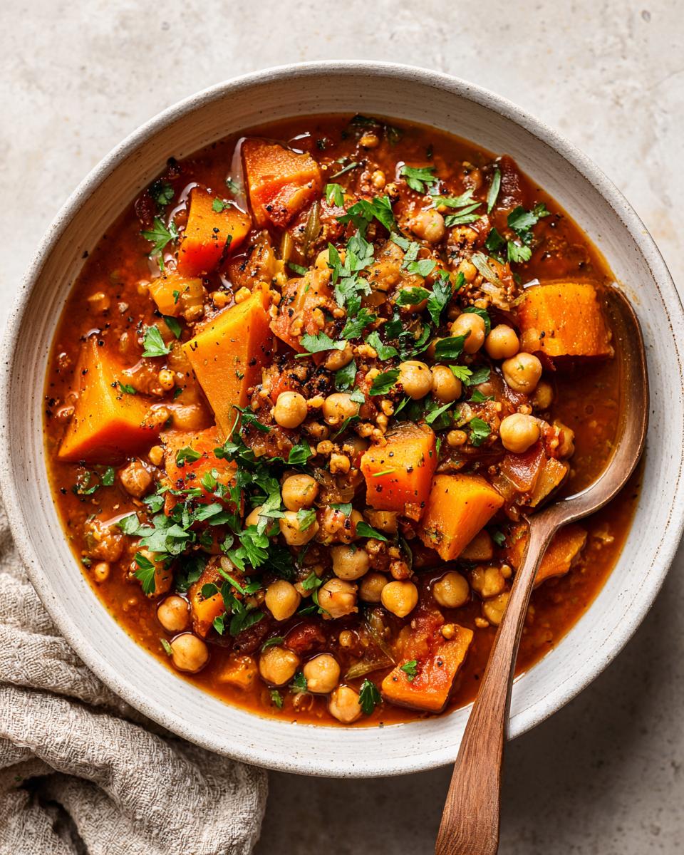 Bowl of butternut chickpea stew with chunks of butternut, chickpeas, and herbs, spoon inside bowl