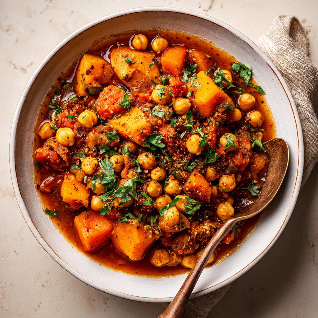 Bowl of vibrant butternut chickpea stew garnished with fresh herbs and spices