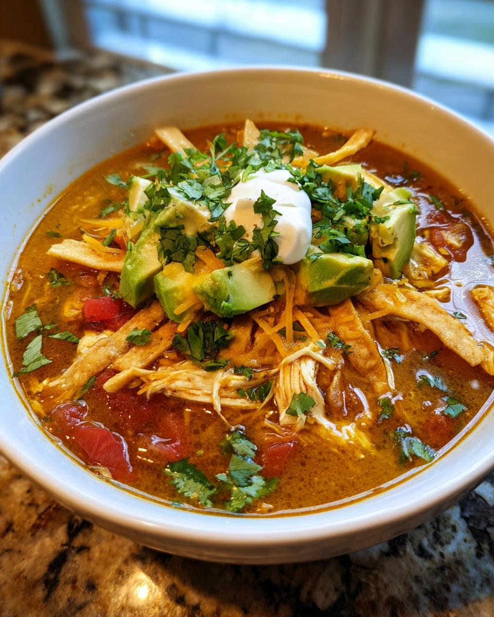 Bowl of chicken tortilla soup with shredded chicken, avocado, sour cream, tortilla strips, and cilantro.