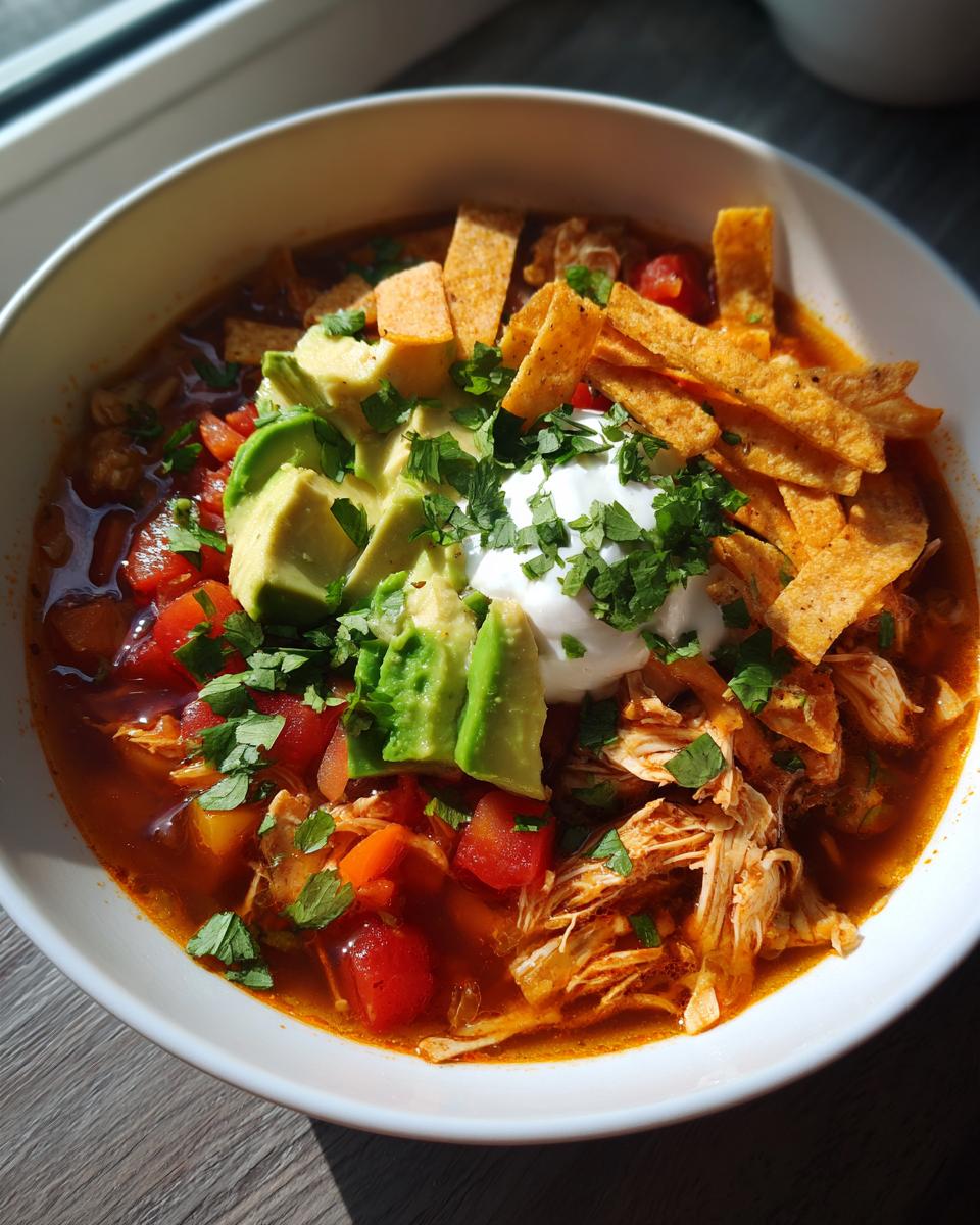 Bowl of chicken tortilla soup topped with avocado slices, tortilla strips, sour cream, and cilantro