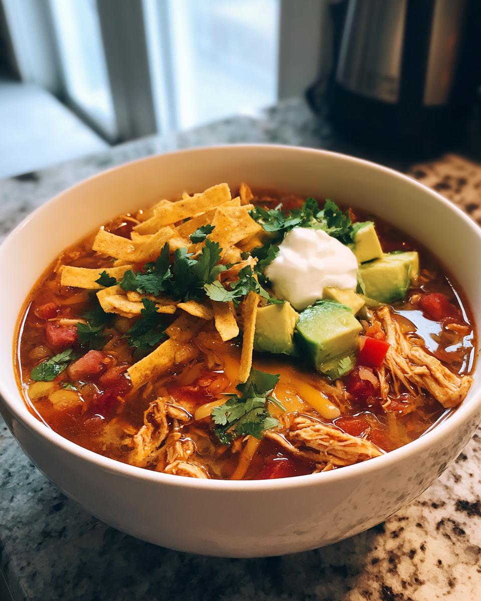 Bowl of chicken tortilla soup topped with tortilla strips, avocado, sour cream, and cilantro.