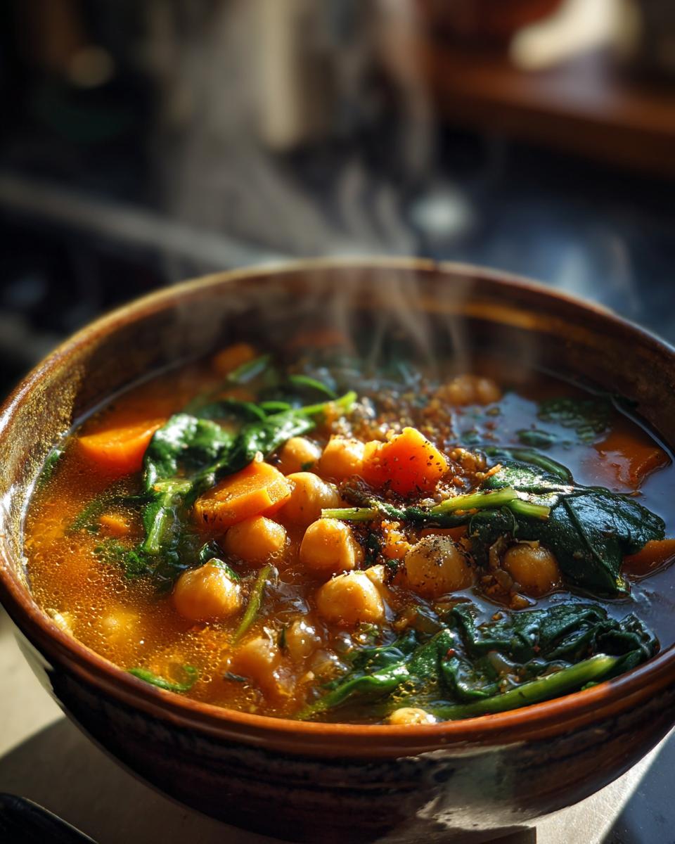 Steaming bowl of hearty chickpea and vegetable soup with spinach and carrots