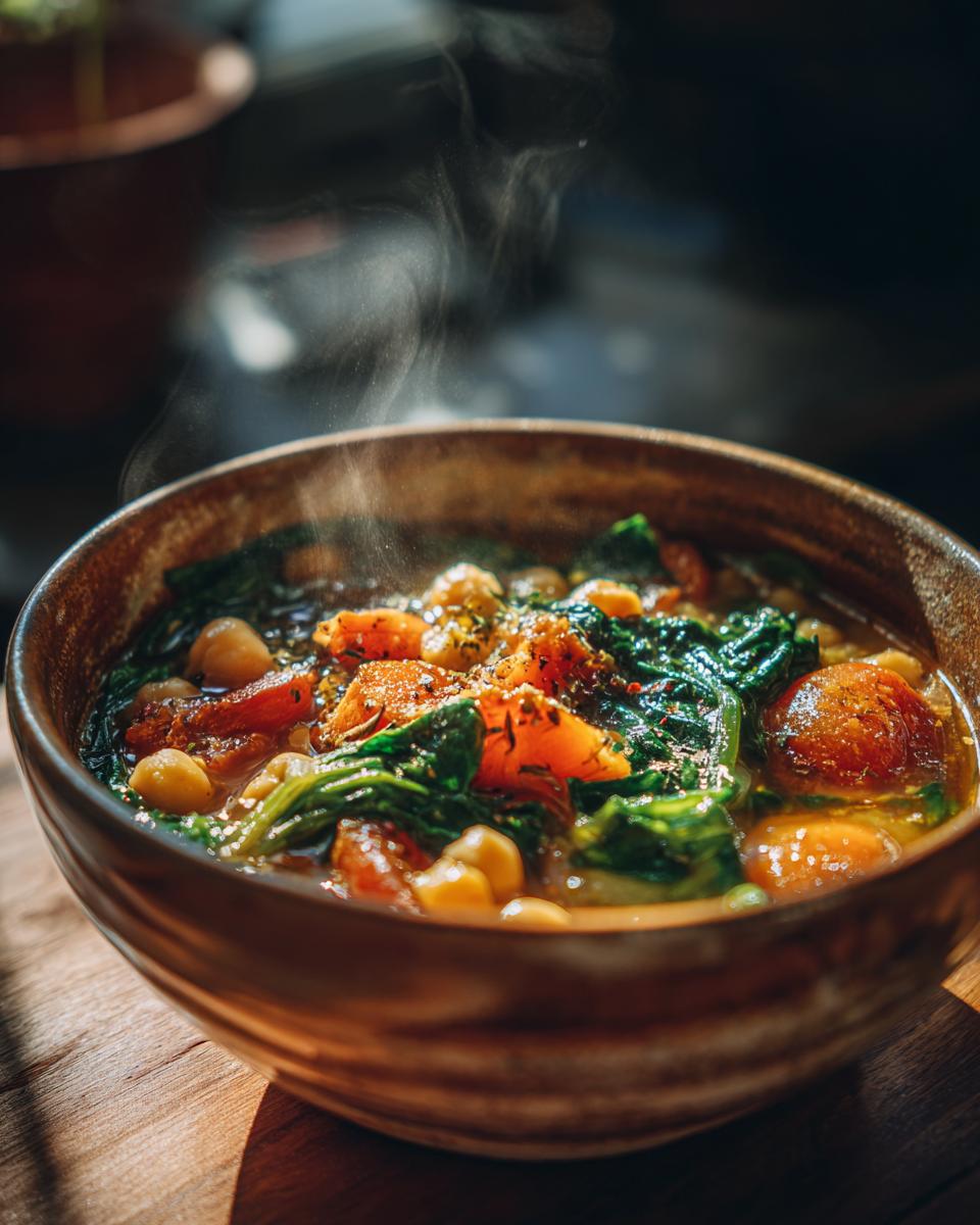 A bowl of steaming hearty chickpea and vegetable soup with spinach and carrots