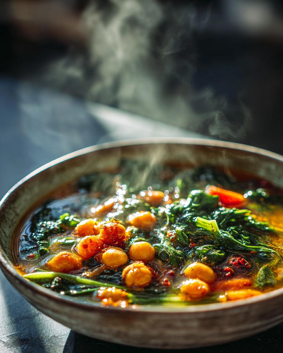 Close-up of steaming hearty chickpea and vegetable soup in a rustic bowl