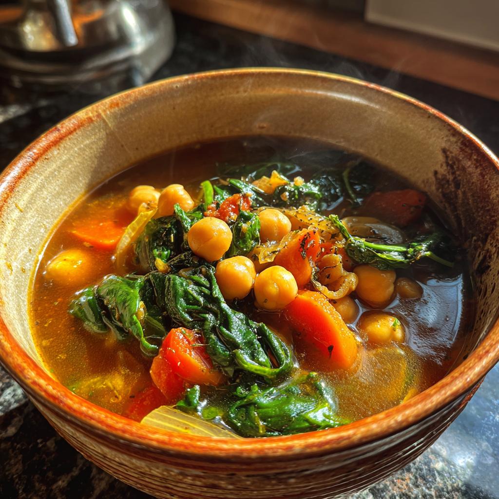 Close-up of hearty chickpea and vegetable soup with spinach and carrots in a brown bowl.