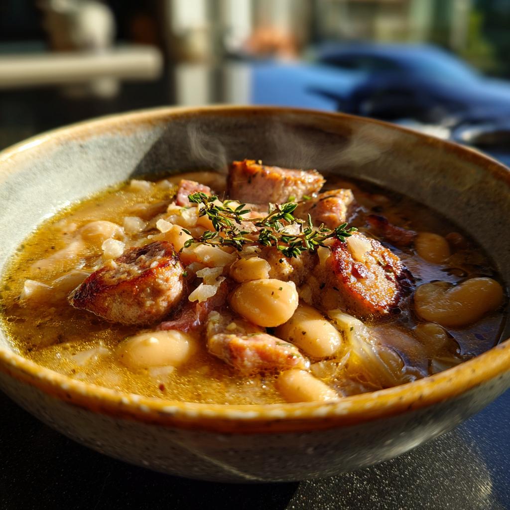 Close-up of a steaming bowl of hearty sausage and white bean stew garnished with fresh herbs.