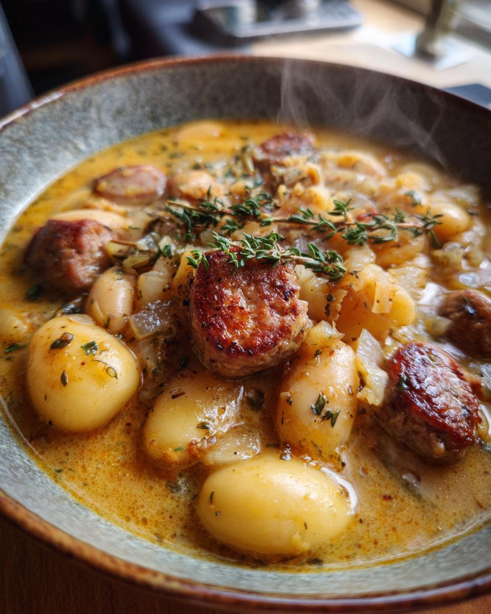 Close-up of hearty sausage and white bean stew garnished with fresh thyme in a bowl.