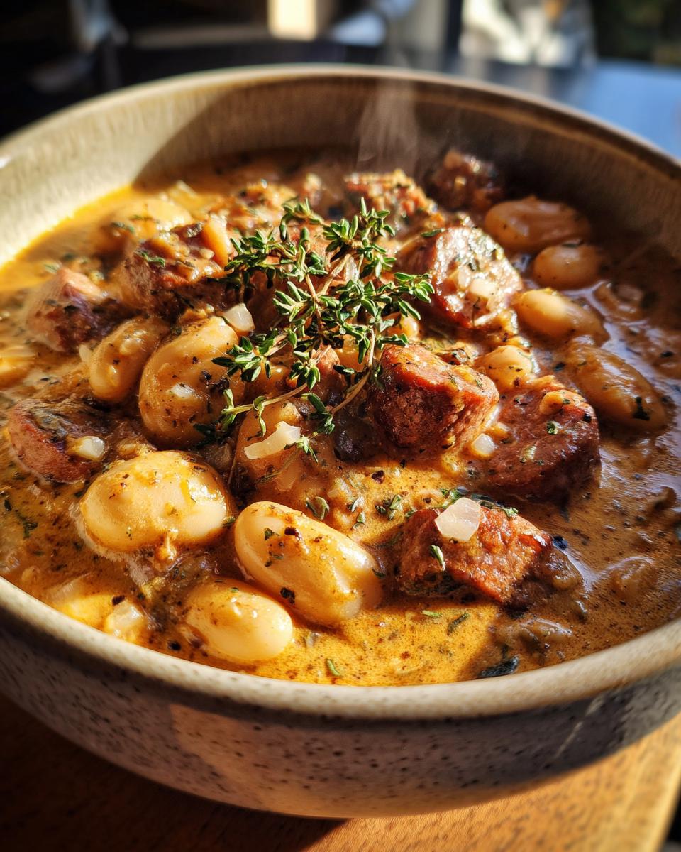 Close-up of a hearty sausage and white bean stew garnished with fresh herbs in a rustic bowl.