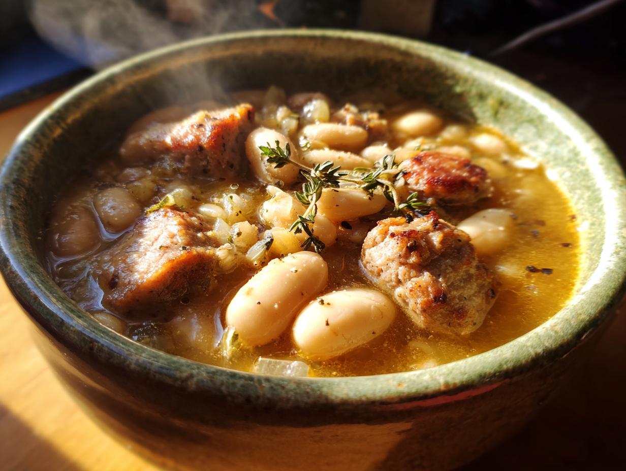 Close-up of steaming hearty sausage and white bean stew garnished with fresh herbs in a green bowl.