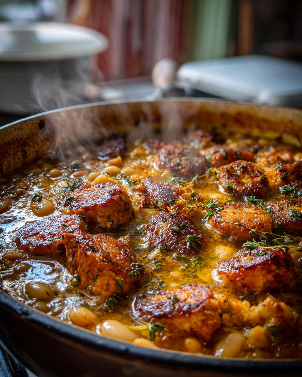 Close-up of hearty sausage and white bean stew simmering in a skillet with herbs.