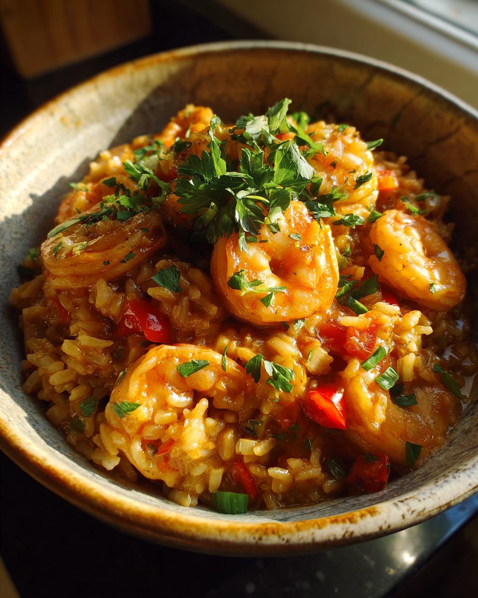 Close-up of shrimp jambalaya with rice, shrimp, and fresh parsley garnish