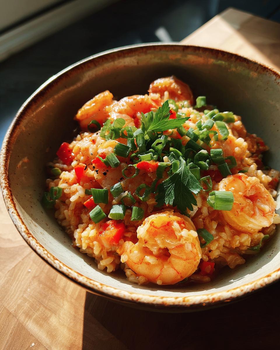 Bowl of shrimp jambalaya garnished with green onions and parsley on wooden surface