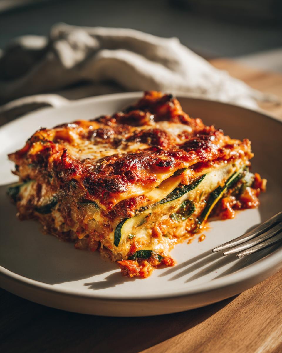 Close-up of a slice of zucchini lasagna with melted cheese and tomato sauce on a white plate.