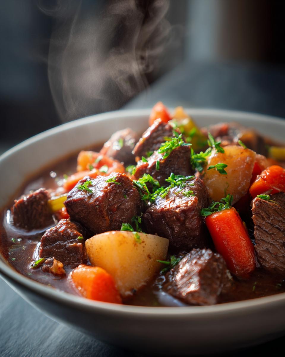 Steaming bowl of hearty slow cooker beef stew dinner with chunks of beef, carrots, and potatoes garnished with herbs