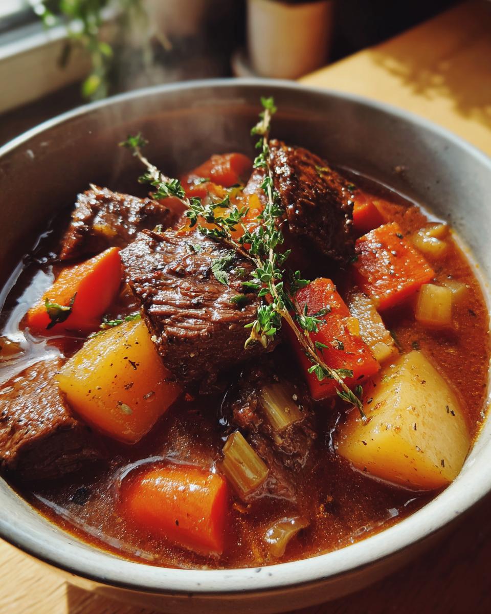 Bowl of hearty slow cooker beef stew dinner with chunks of beef, carrots, potatoes, and herbs.
