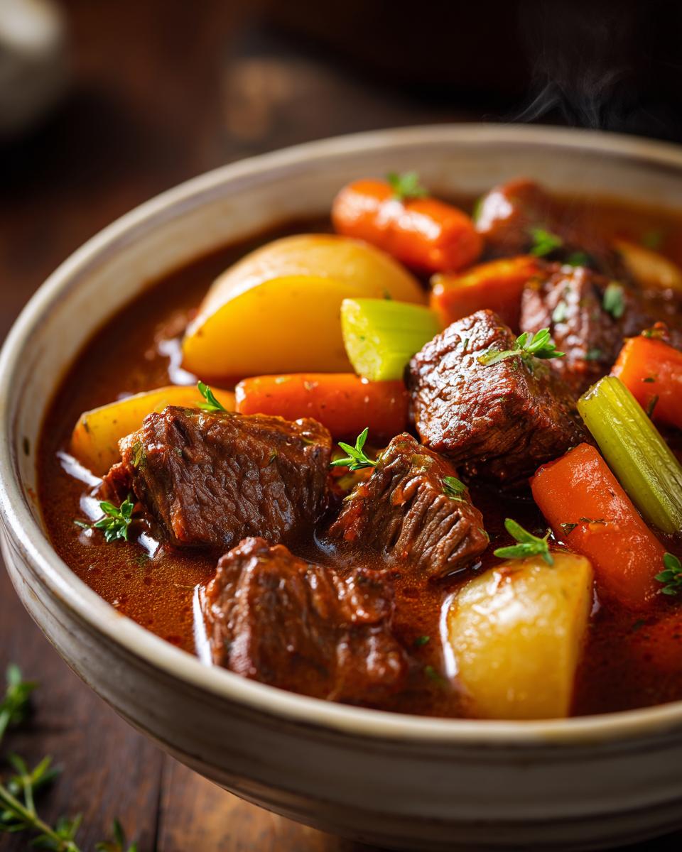 Bowl of hearty slow cooker beef stew dinner with beef chunks, carrots, potatoes, and celery.
