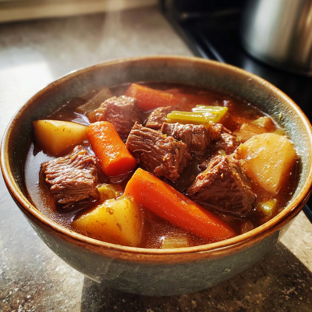 Bowl of hearty slow cooker beef stew dinner with beef chunks, carrots, potatoes, and celery in broth