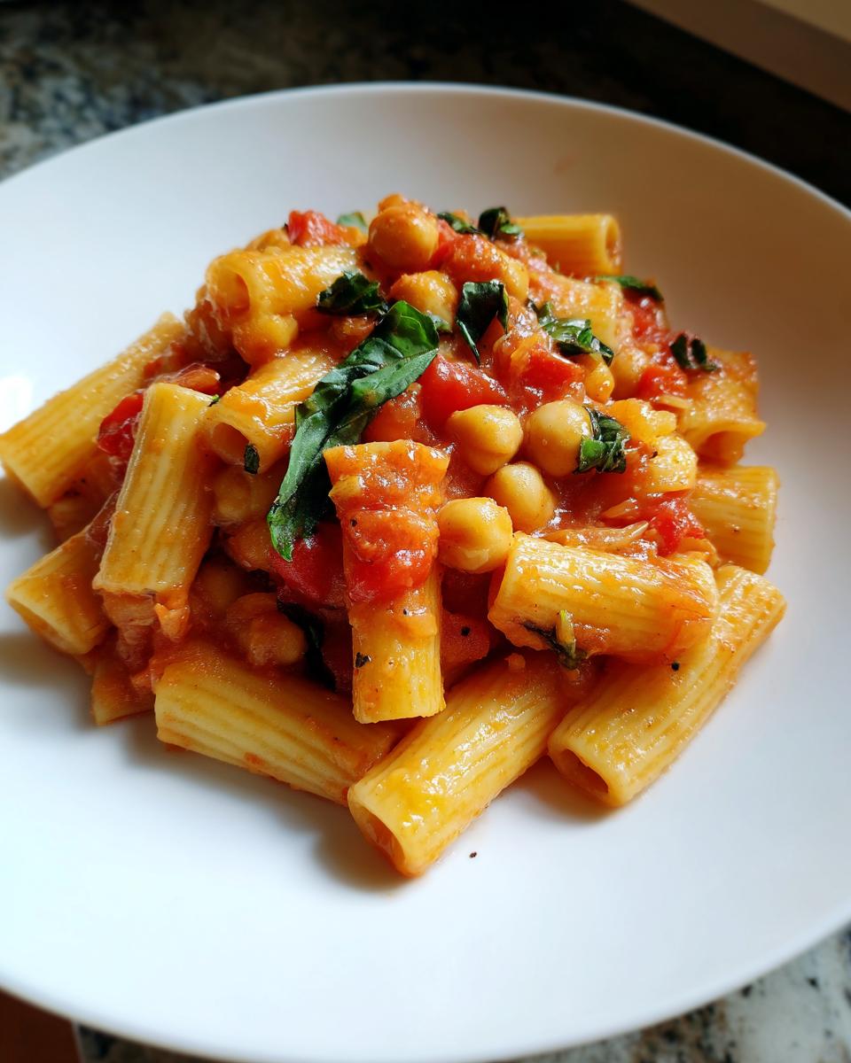 Close-up of tomato chickpea pasta with fresh basil in a white bowl.