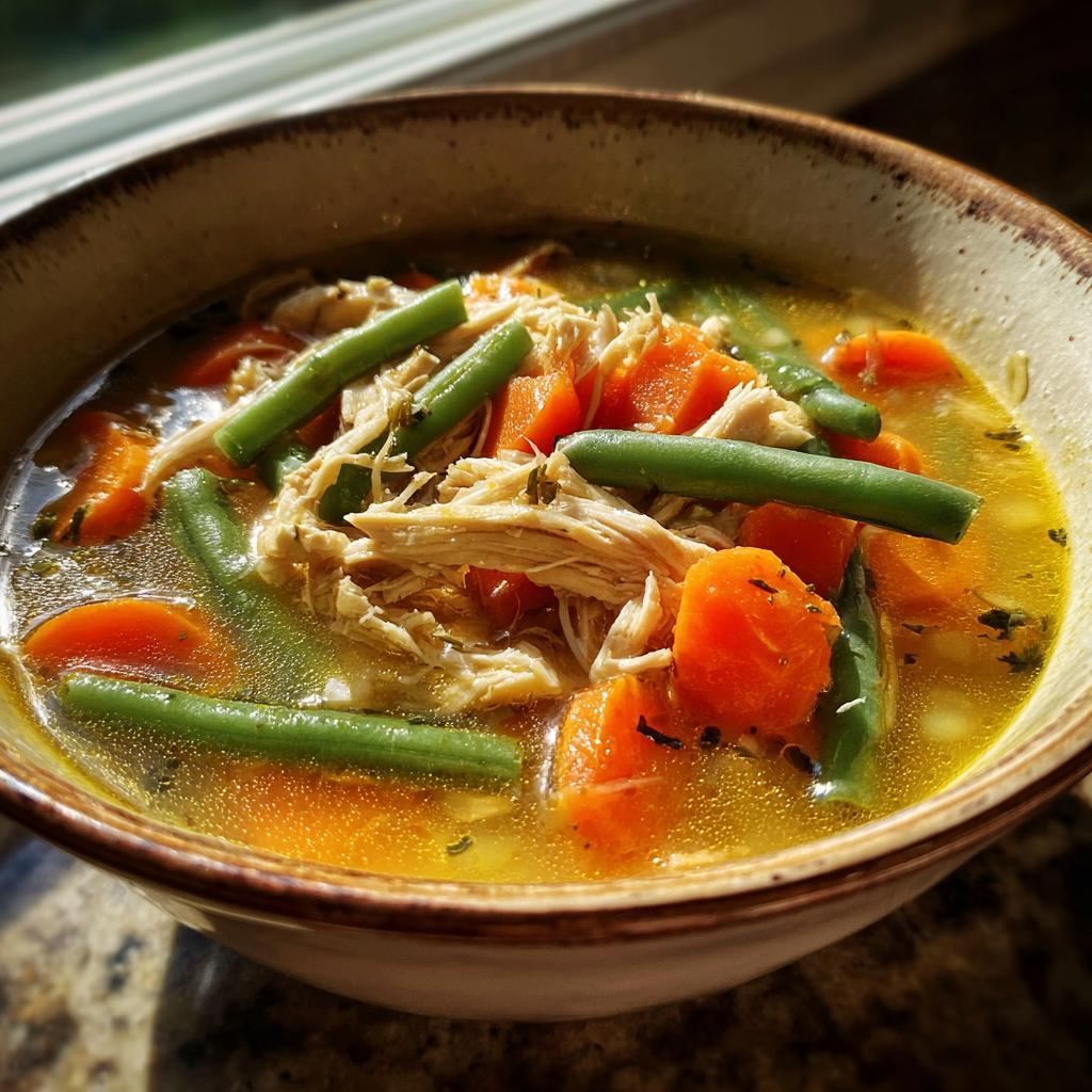 Bowl of homemade turkey vegetable soup with shredded turkey, green beans, and carrots