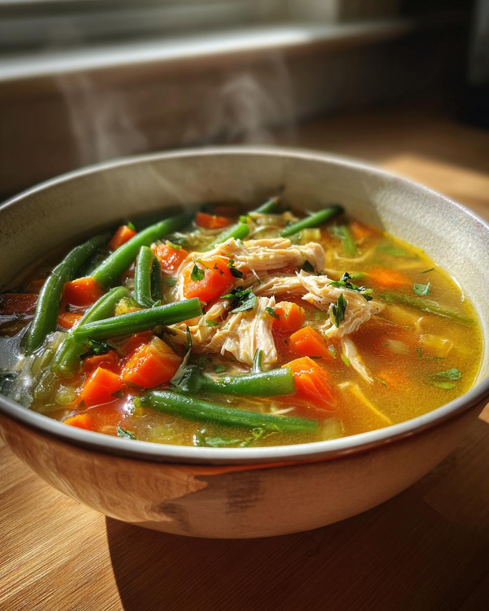Steaming bowl of turkey vegetable soup with green beans, carrots, and shredded turkey