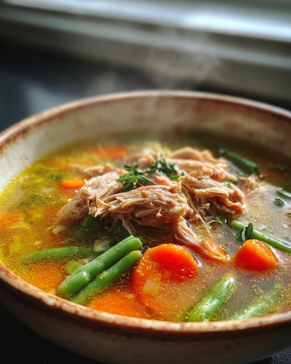 Close-up of steaming turkey vegetable soup with shredded turkey, green beans, and carrots.