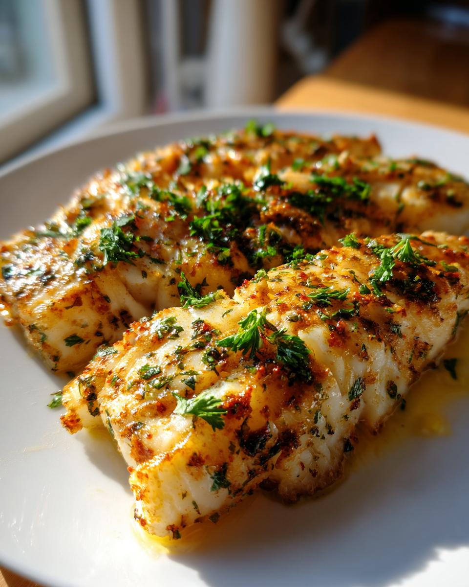 Close-up of juicy baked cod fillets garnished with fresh herbs on a white plate.