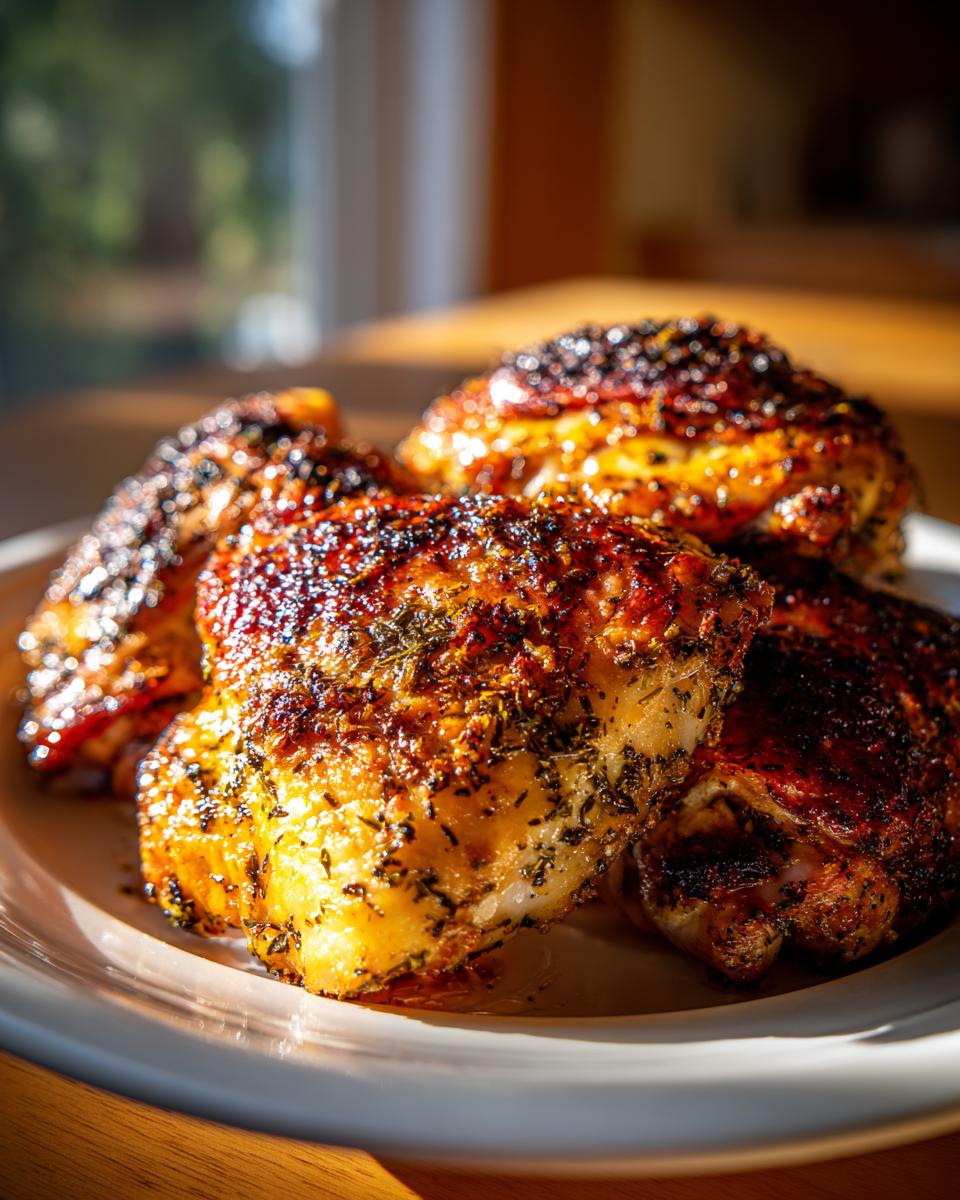 Close-up of golden herb roasted chicken with garlic parmesan on a white plate.