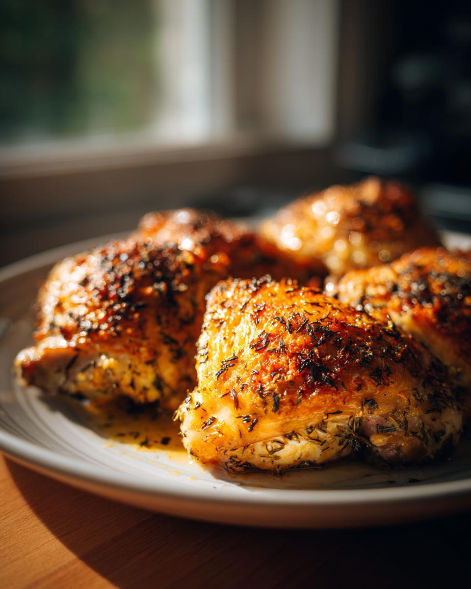 Close-up of golden herb roasted chicken with garlic parmesan on a white plate.