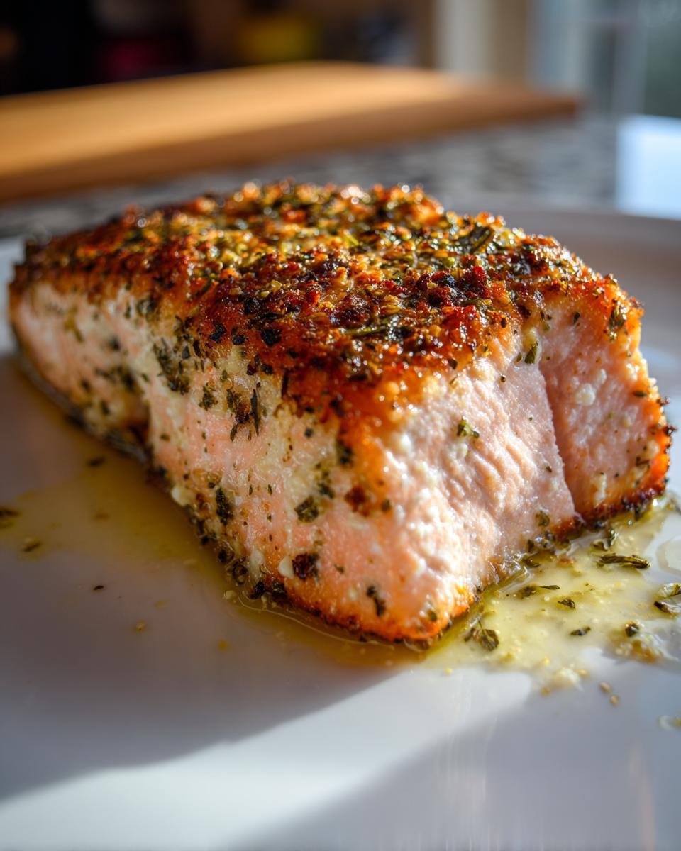 Close-up of a juicy herb roasted salmon fillet with a crispy seasoned crust and herbs