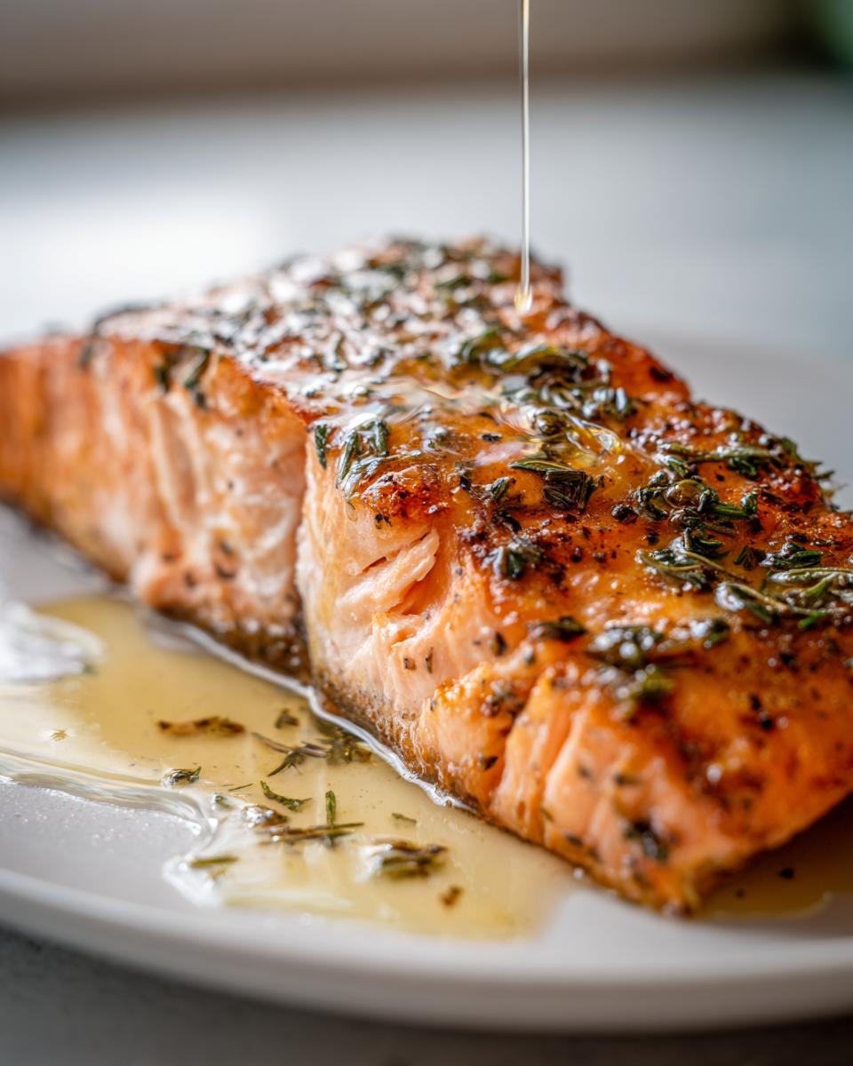 Herb roasted salmon fillet on a white plate with sauce being drizzled over it