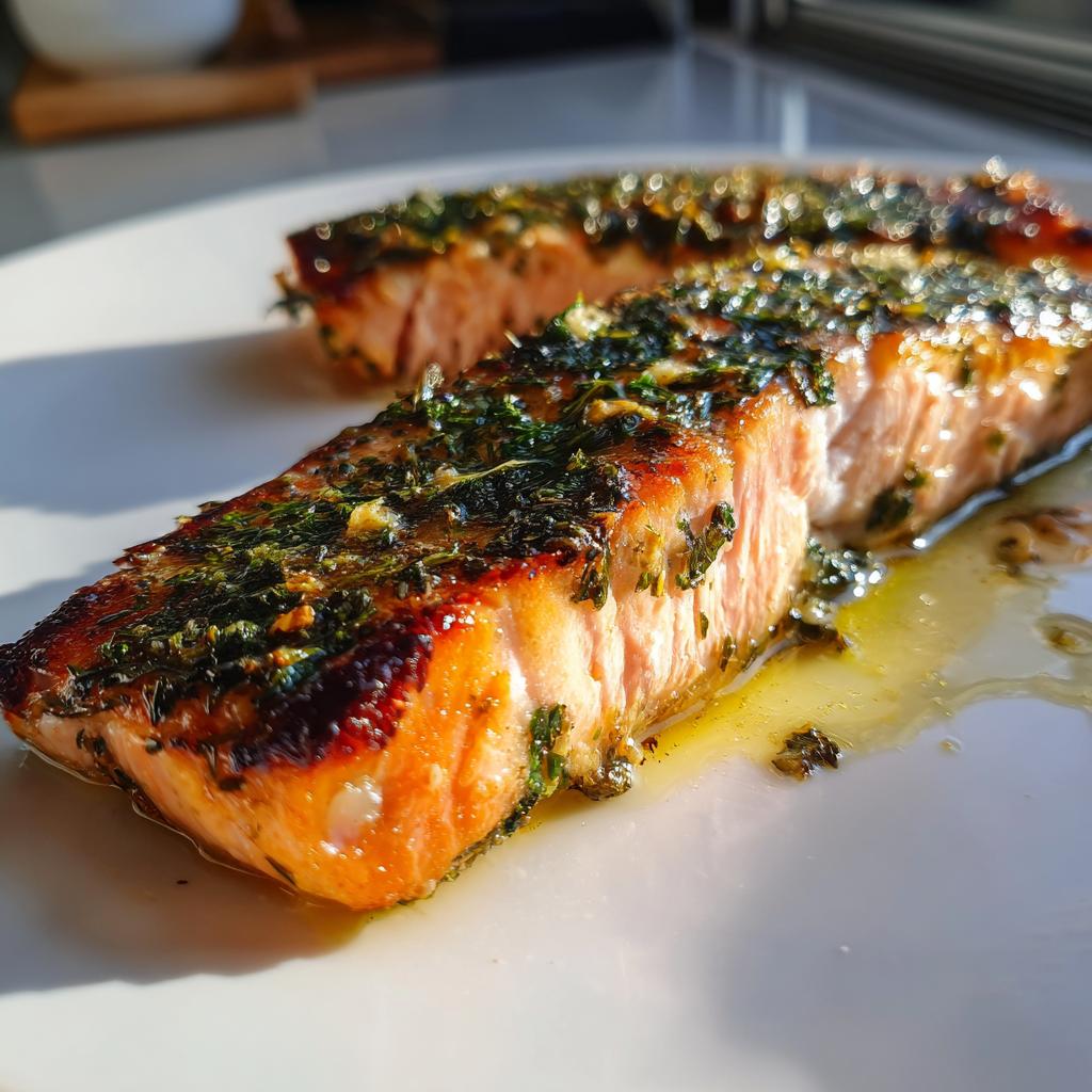 Juicy herb roasted salmon fillet with golden crust and herbs on white plate