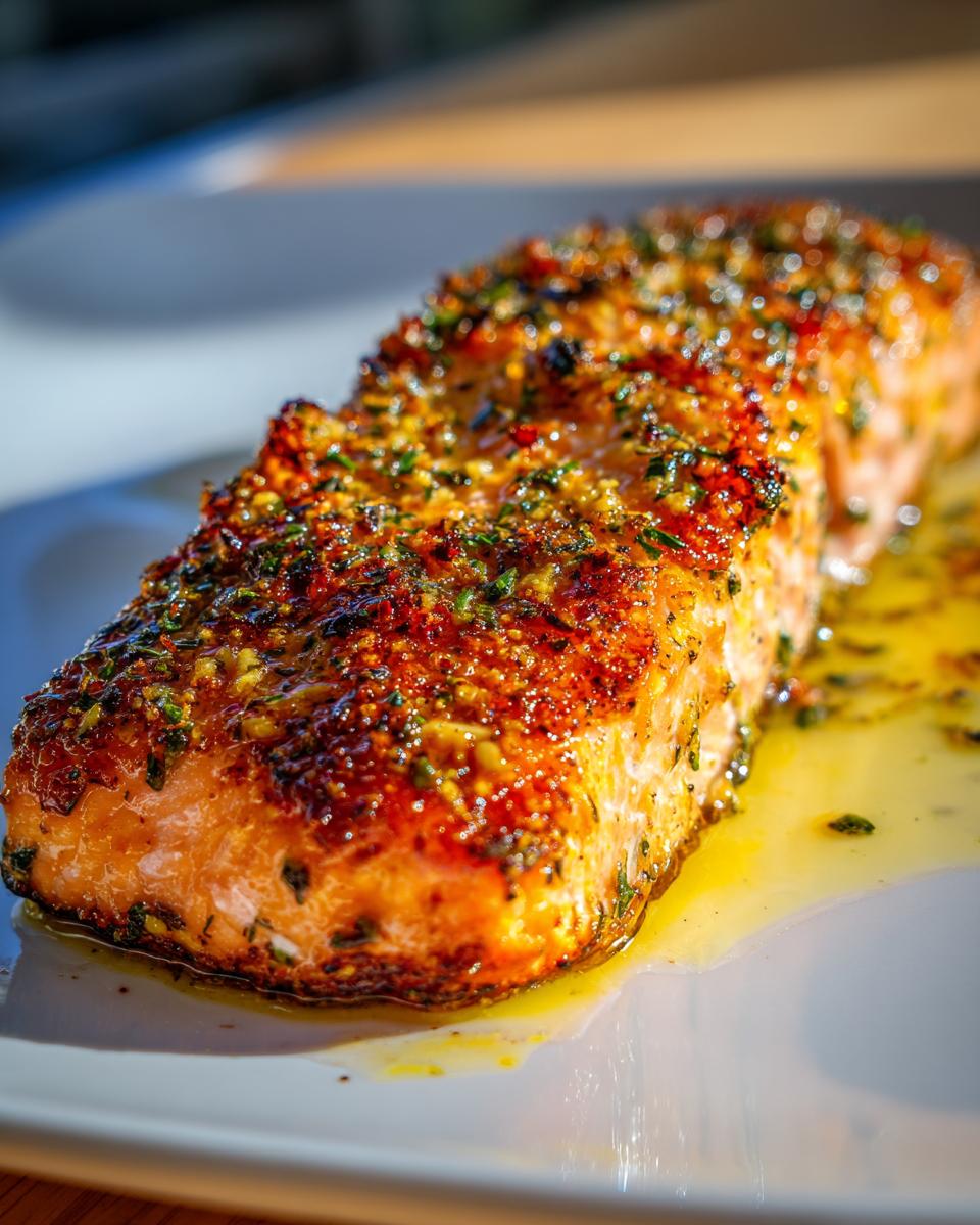 Herb roasted salmon fillet with golden crust and seasoned herbs on a white plate