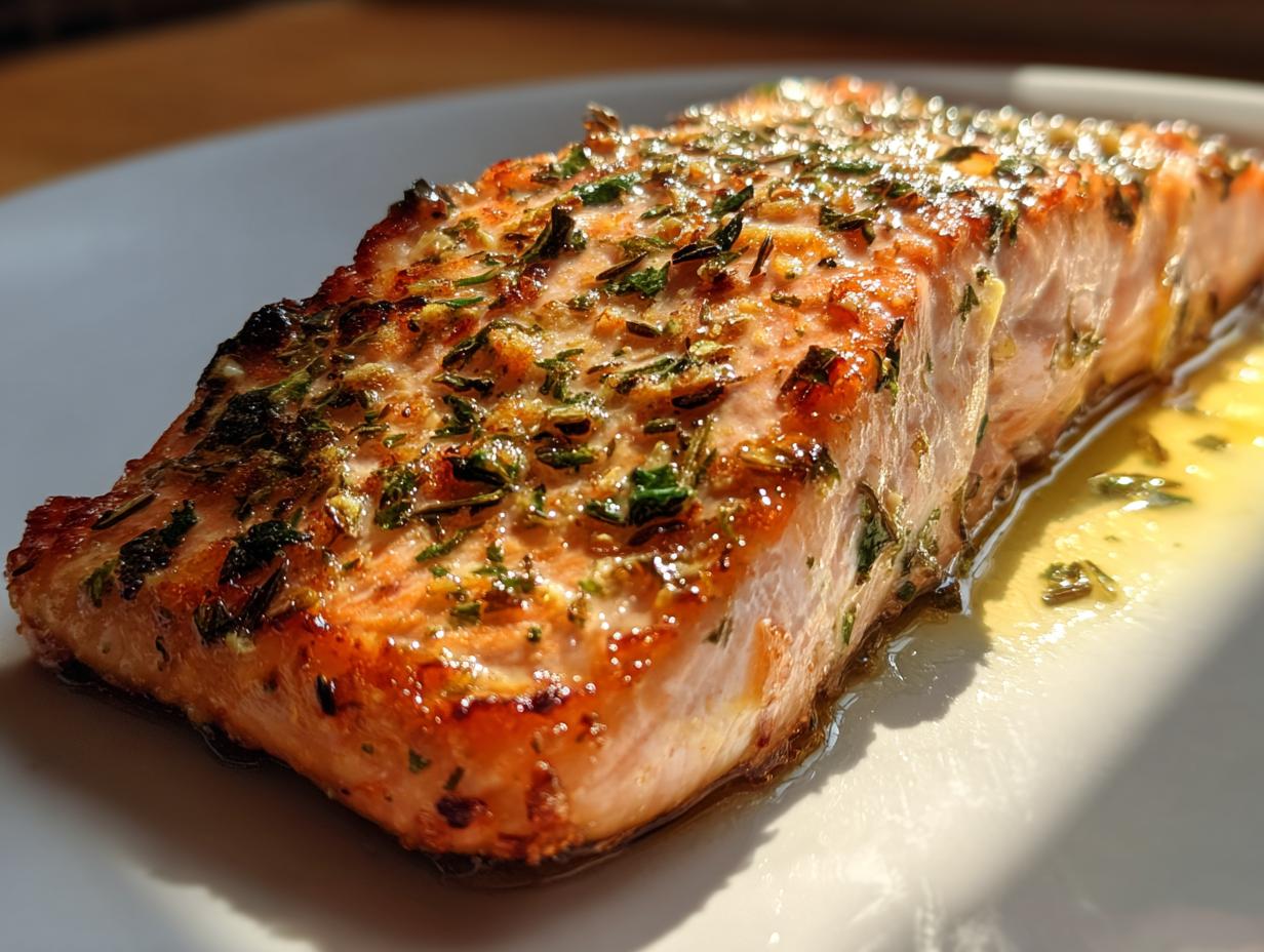 Close-up of a juicy herb roasted salmon fillet with herbs cooked to golden perfection.
