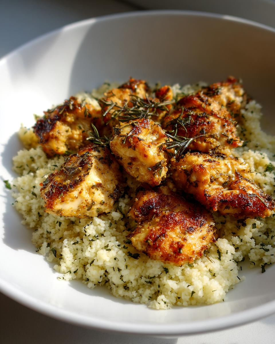 Grilled herbed chicken pieces served on a bed of seasoned couscous in a white bowl.