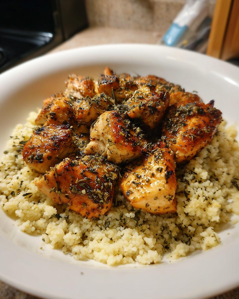 Close-up of herbed chicken couscous with seasoned grilled chicken on a bed of couscous.