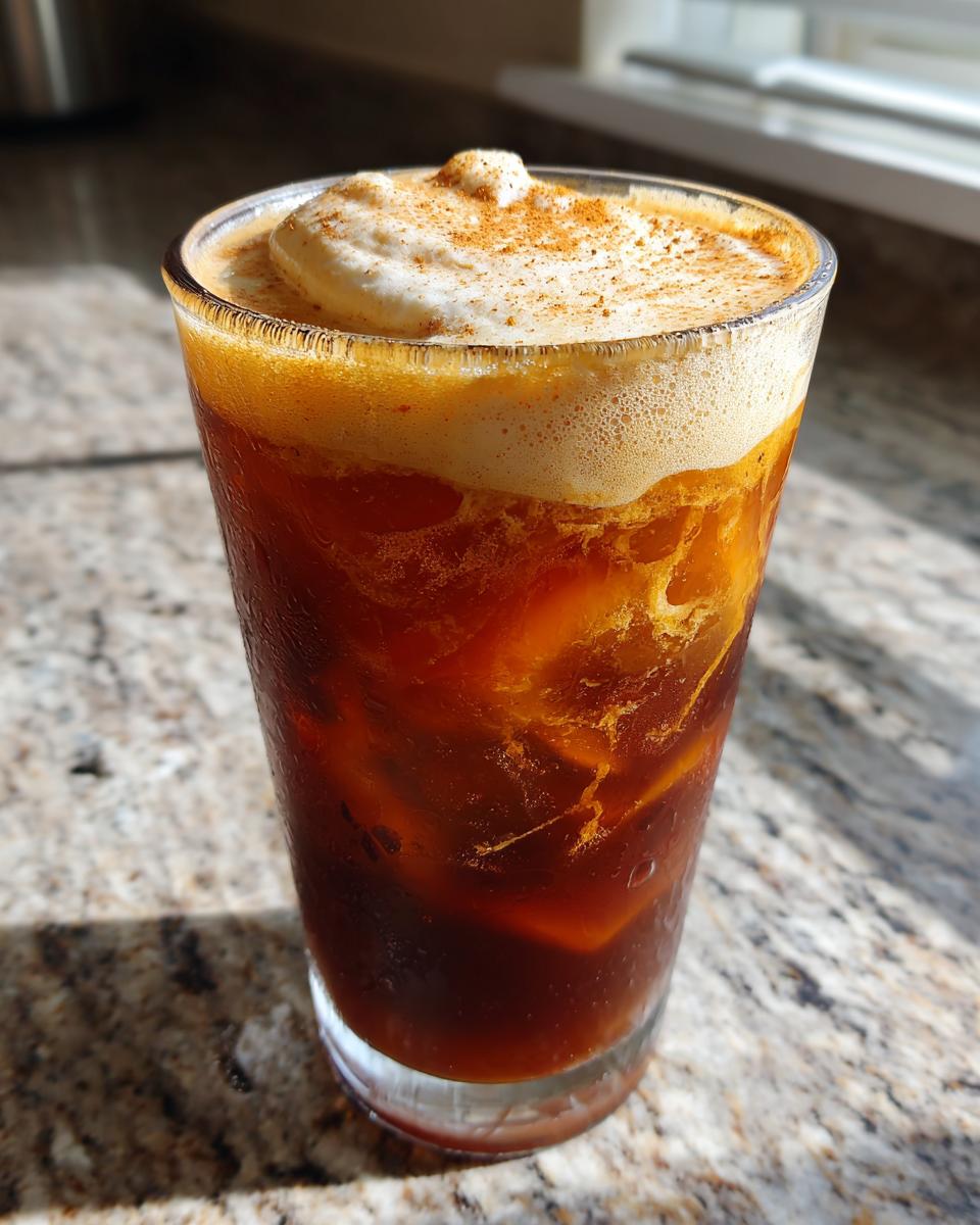 Glass of homemade pumpkin cream cold brew coffee with frothy cream and spice on top