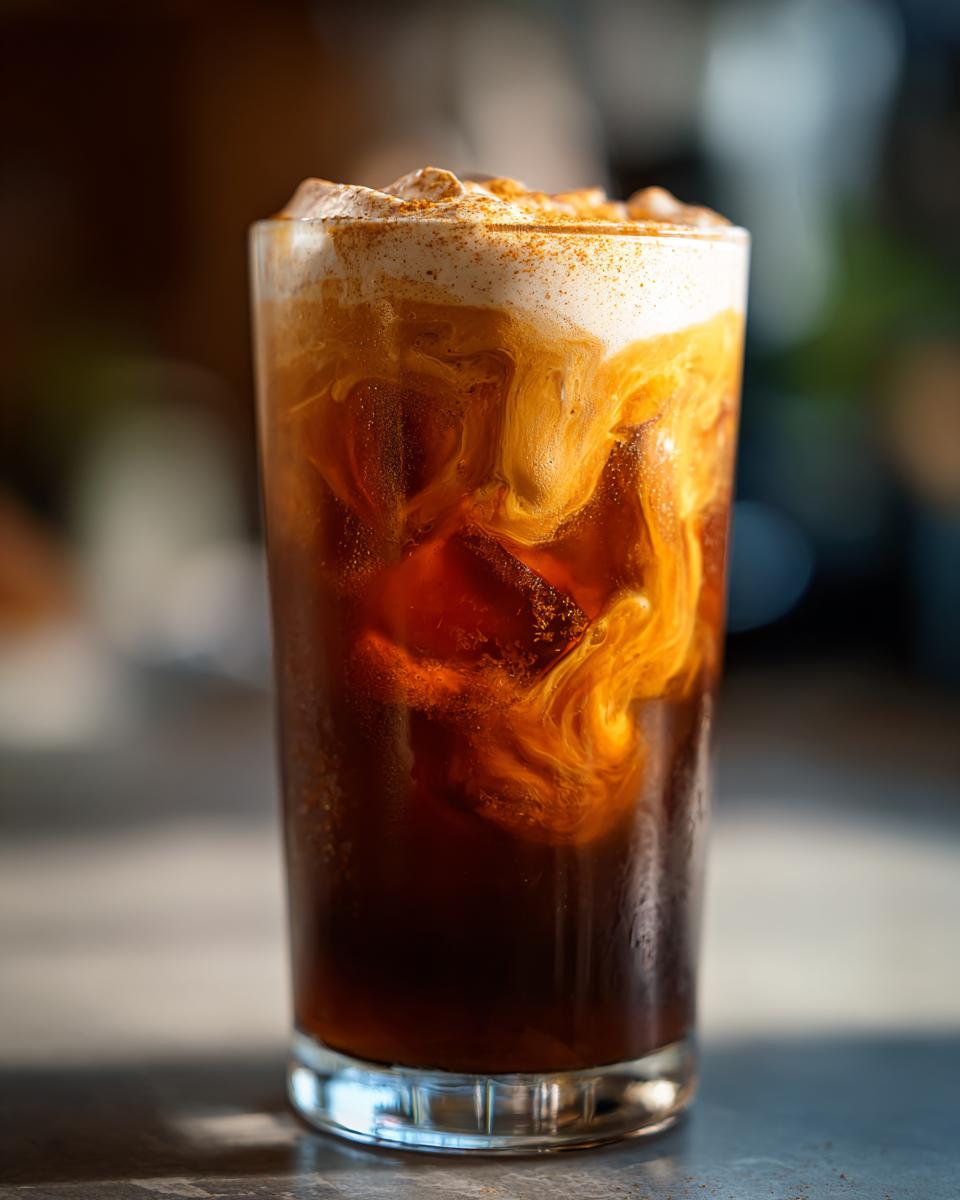 Glass of homemade pumpkin cream cold brew coffee with ice and creamy pumpkin topping